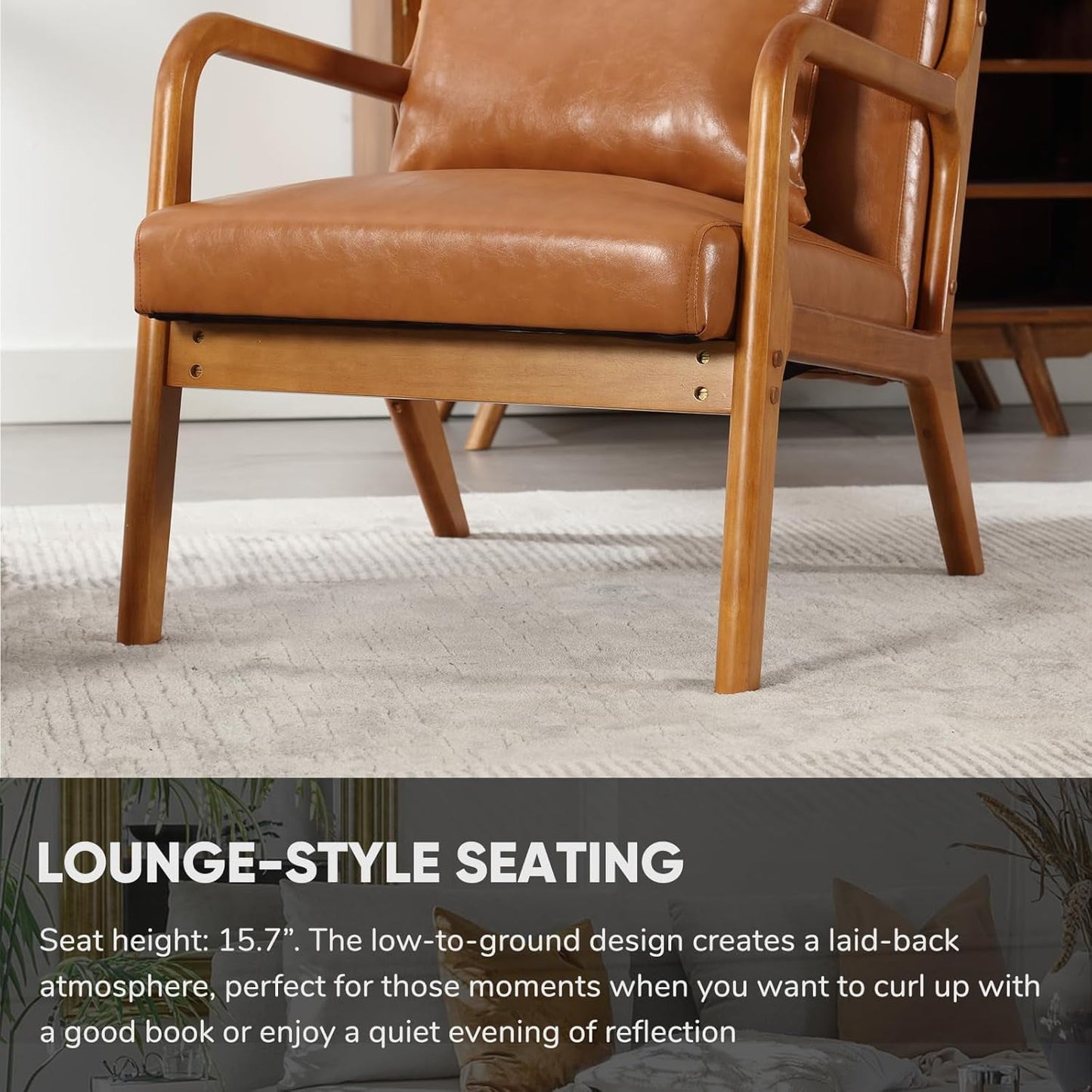 BISHE Mid Century Modern Accent Chair, Solid Wood Frame Lounge Armchair with PU Leather Upholstery & Included Pillow, Comfortable Reading Chair for Living Room or Office, PU Leather, Light Brown
