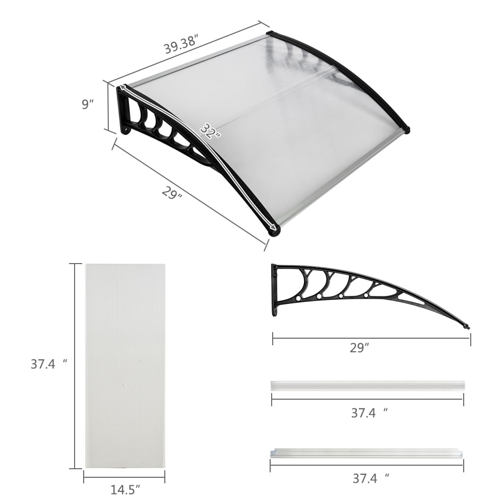 COOKCOK Window Awning Door Canopy, 30"x 40" Window Awning Overhead Door Modern Polycarbonate Cover Outdoor Front Door Patio Canopy UV Rain Snow Sunlight Protection Hollow Sheet/Black