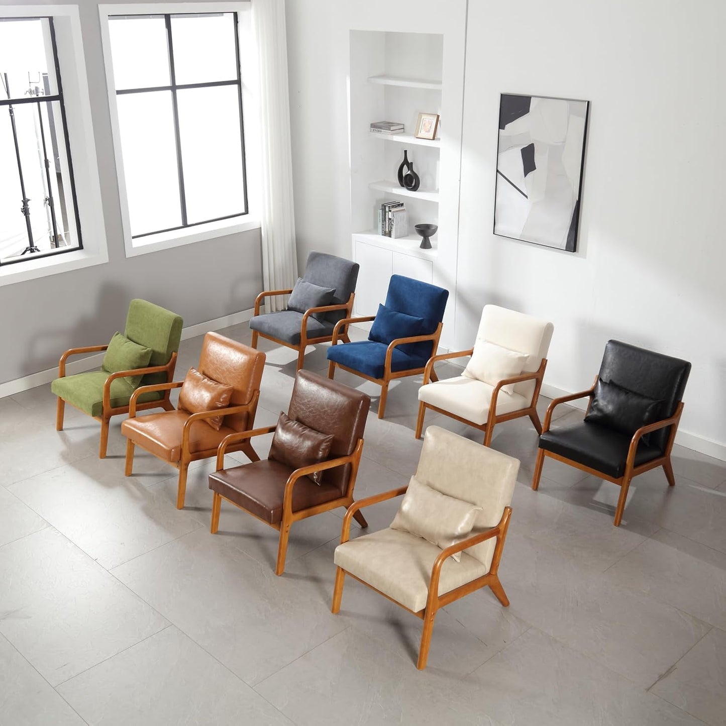 BISHE Mid Century Modern Accent Chair, Solid Wood Frame Lounge Armchair with PU Leather Upholstery & Included Pillow, Comfortable Reading Chair for Living Room or Office, PU Leather, Light Brown