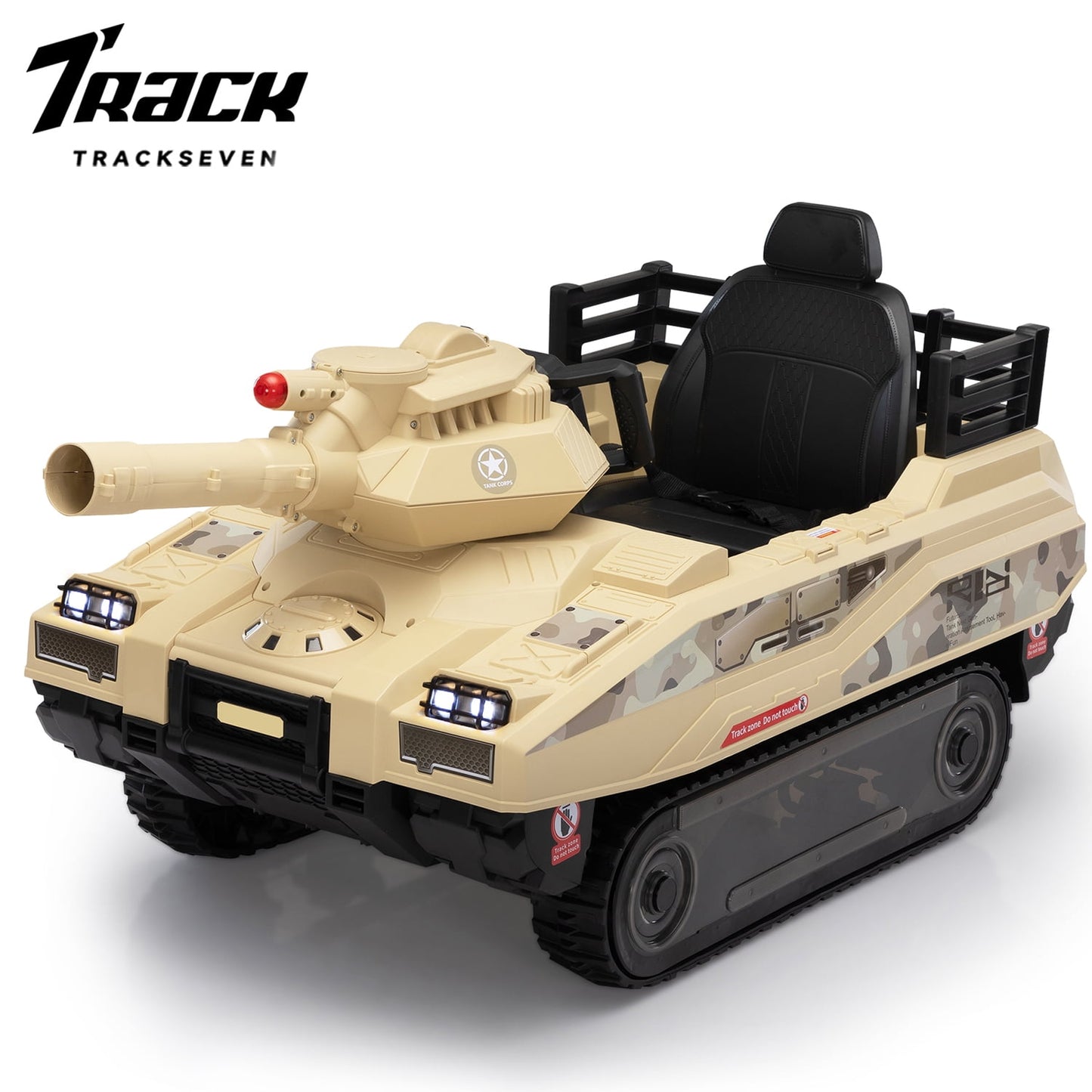 Track 7 24V Ride on Car, Kids Ride on Tank with Fighting Cannon and Rotating Turret, Remote Control, Lights, Music, 360° Spin, Electric Off-Road RC Fighting Tank Truck, Yellow