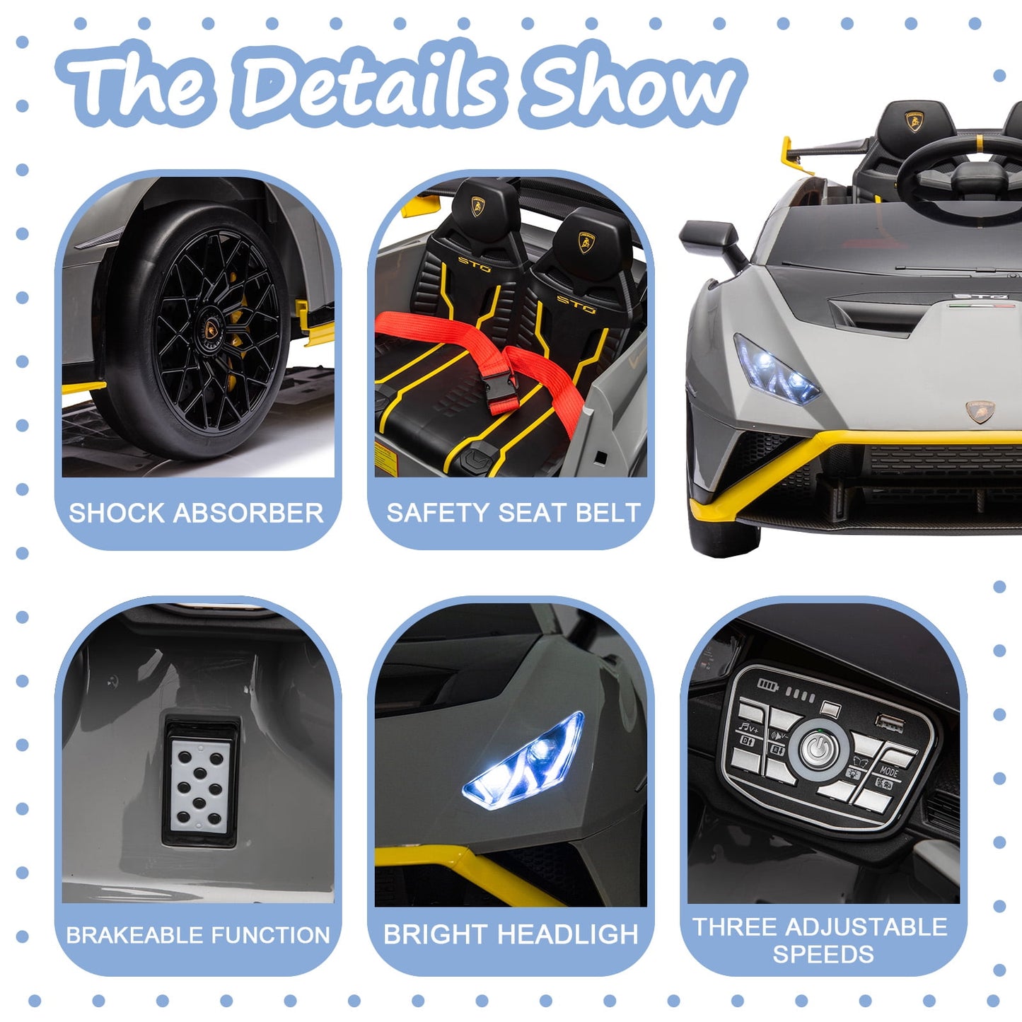 LISUEYNE 24V Licensed Lamborghini STO Ride on Car, Drift Electric Car for Boys Girls Age 3+, Remote Control, Music, Max Speed 6mph, Grey