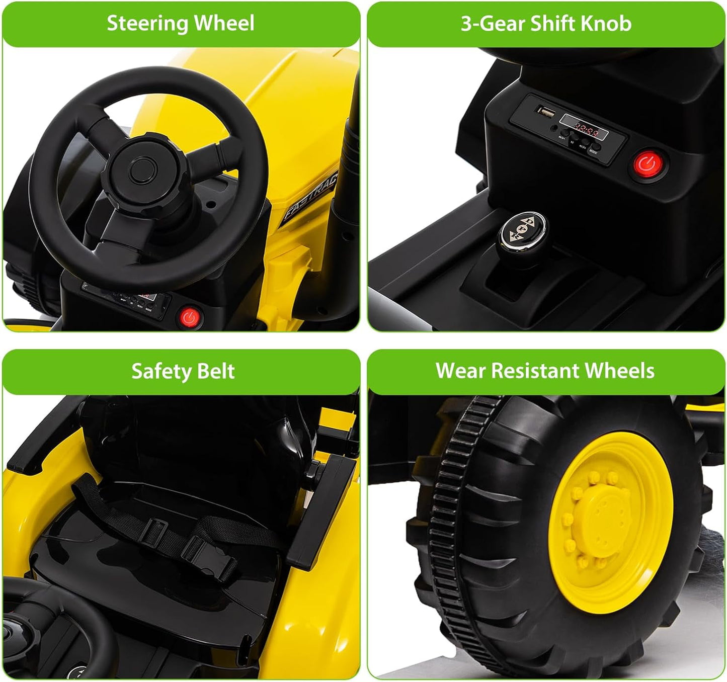 Track 7 12V Kids Ride on Tractor, Electric Tractor and 35W Dual Motors for Kids with Remote Control, Bluetooth Music/USB, 3-Gear-Shift, Safety Belt, 7-LED Lights, Yellow