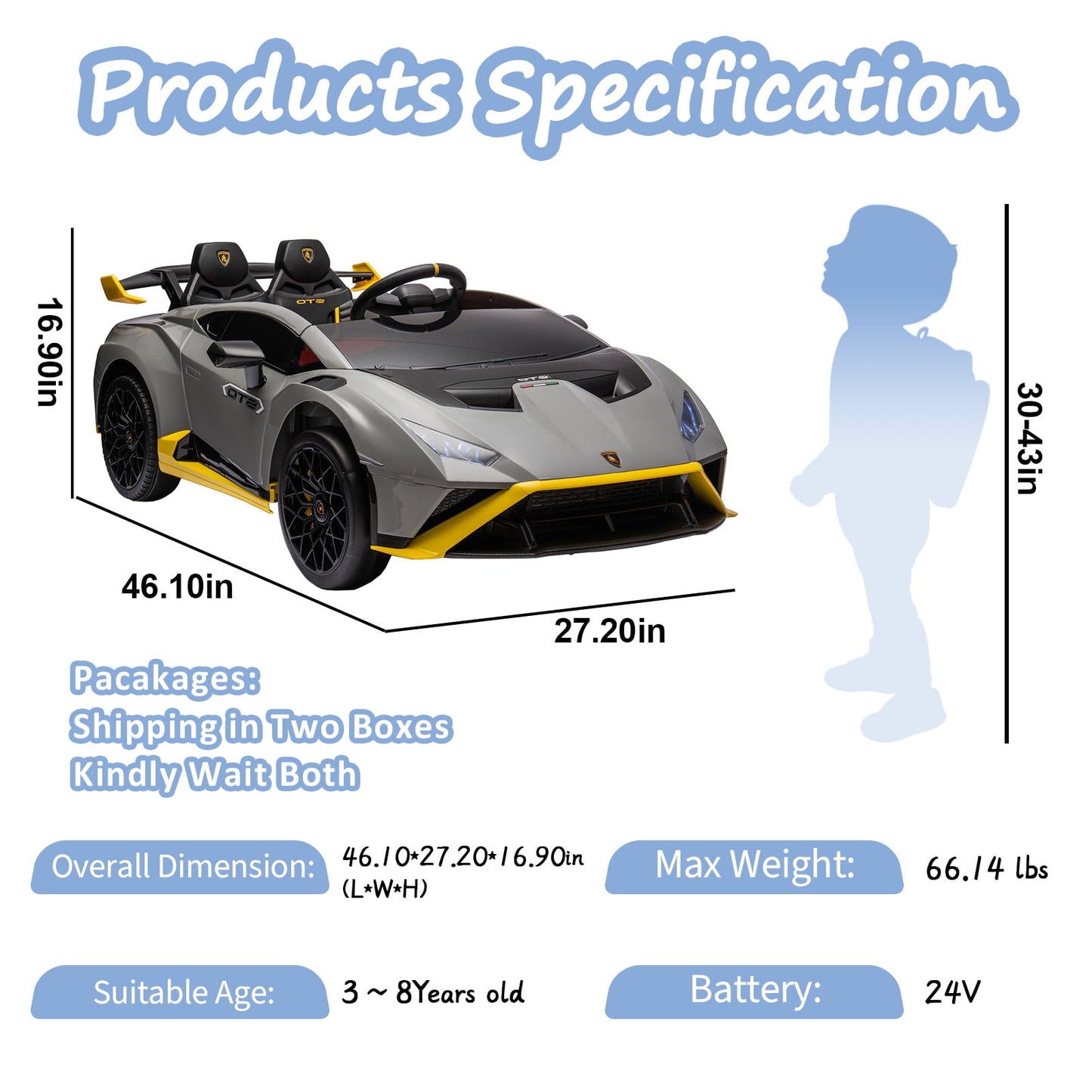 LISUEYNE 24V Licensed Lamborghini STO Ride on Car, Drift Electric Car for Boys Girls Age 3+, Remote Control, Music, Max Speed 6mph, Grey