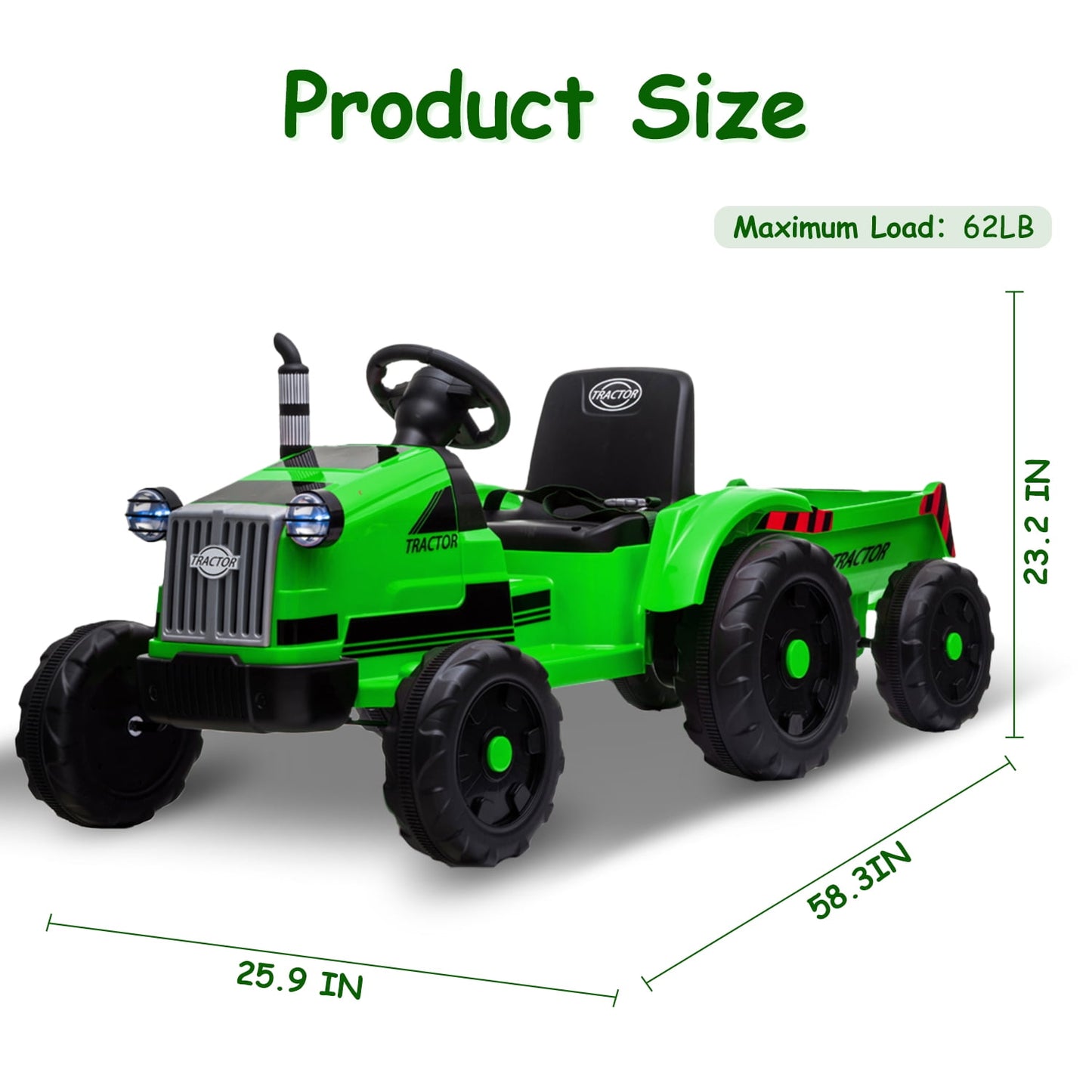 Track 7 12V Ride on Tractor with Trailer, 6-Wheel Electric Truck for Boys Girls, Kids Ride on Car with Remote Control, Music, Lights, Green