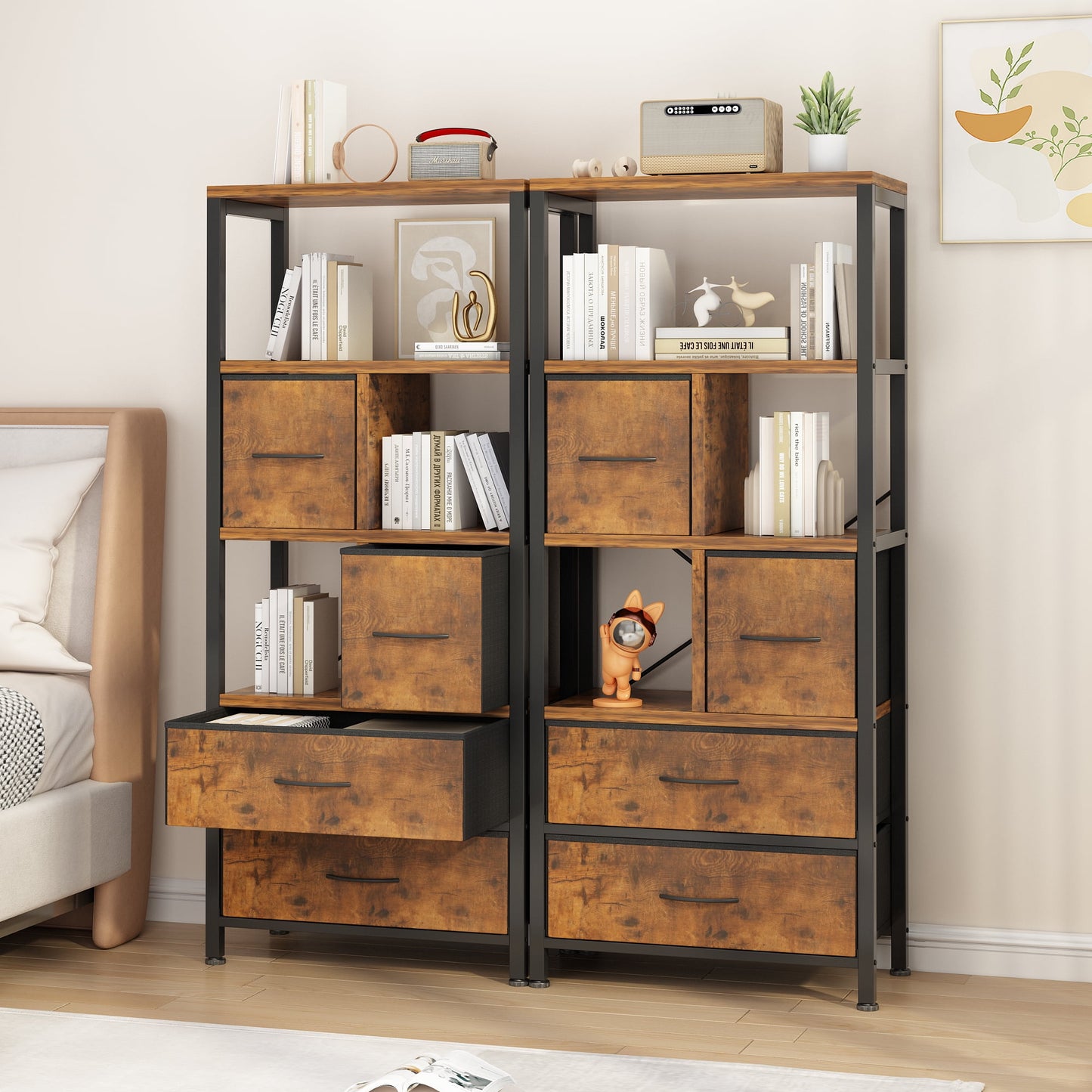 COOKCOK  5 Tier Bookshelf, Bookcase with 4 Drawers Shelves, Tall Book Shelf Book Case for Home & Office, Rustic Brown