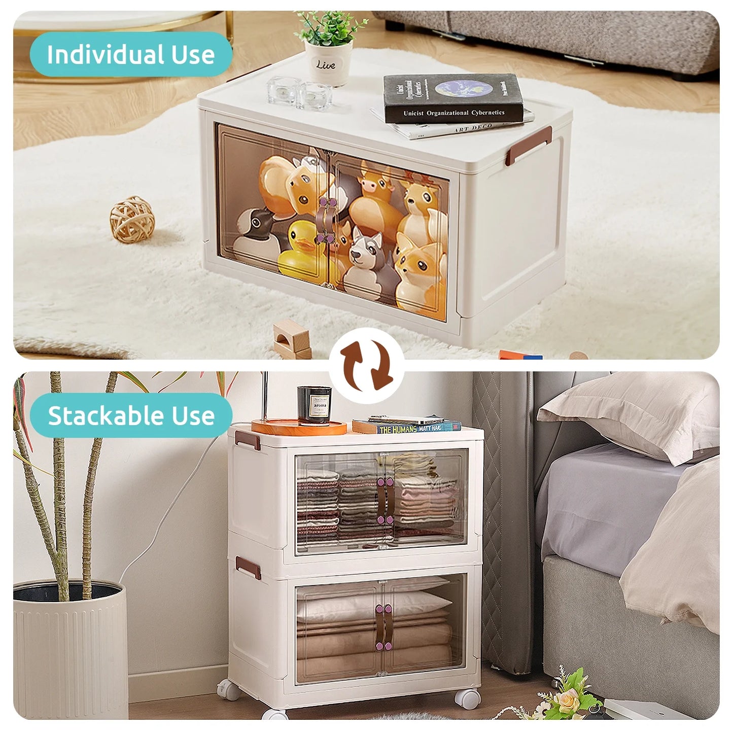 COOKCOK Storage Bins with Lids,3 Packs Stackable Bins with Wheels, Dual Open Collapsible Storage Bins for Home and Office, 21.7"x13.8"x36.6"