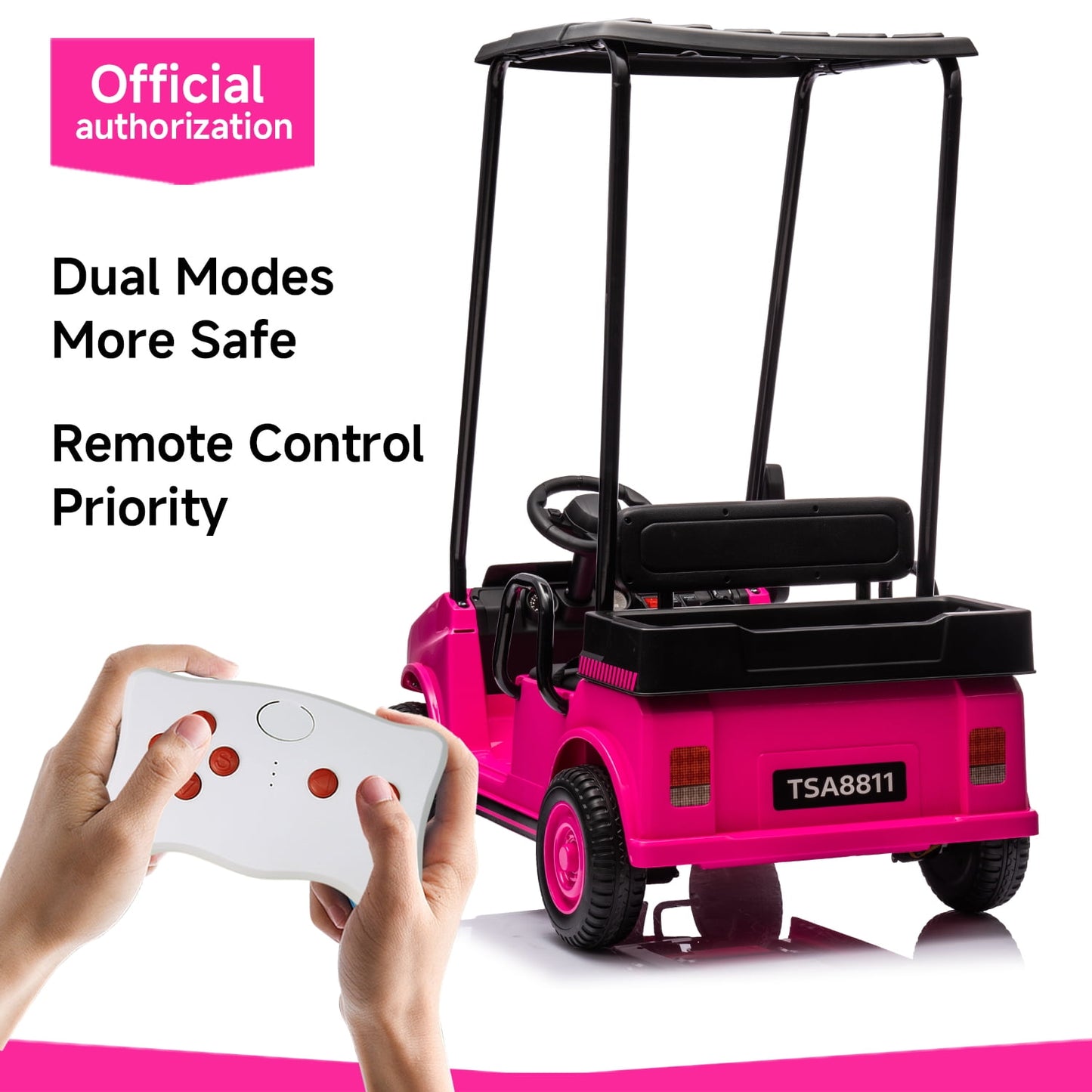 Track 7 24V Ride on Car, Electric Golf Cart with Ceiling, Ride on Truck with Remote Control, Music, Rear Storage Box, Electric Car for Boys Girls Age 3+, 18.5" Large Seat with Armrests, Pink