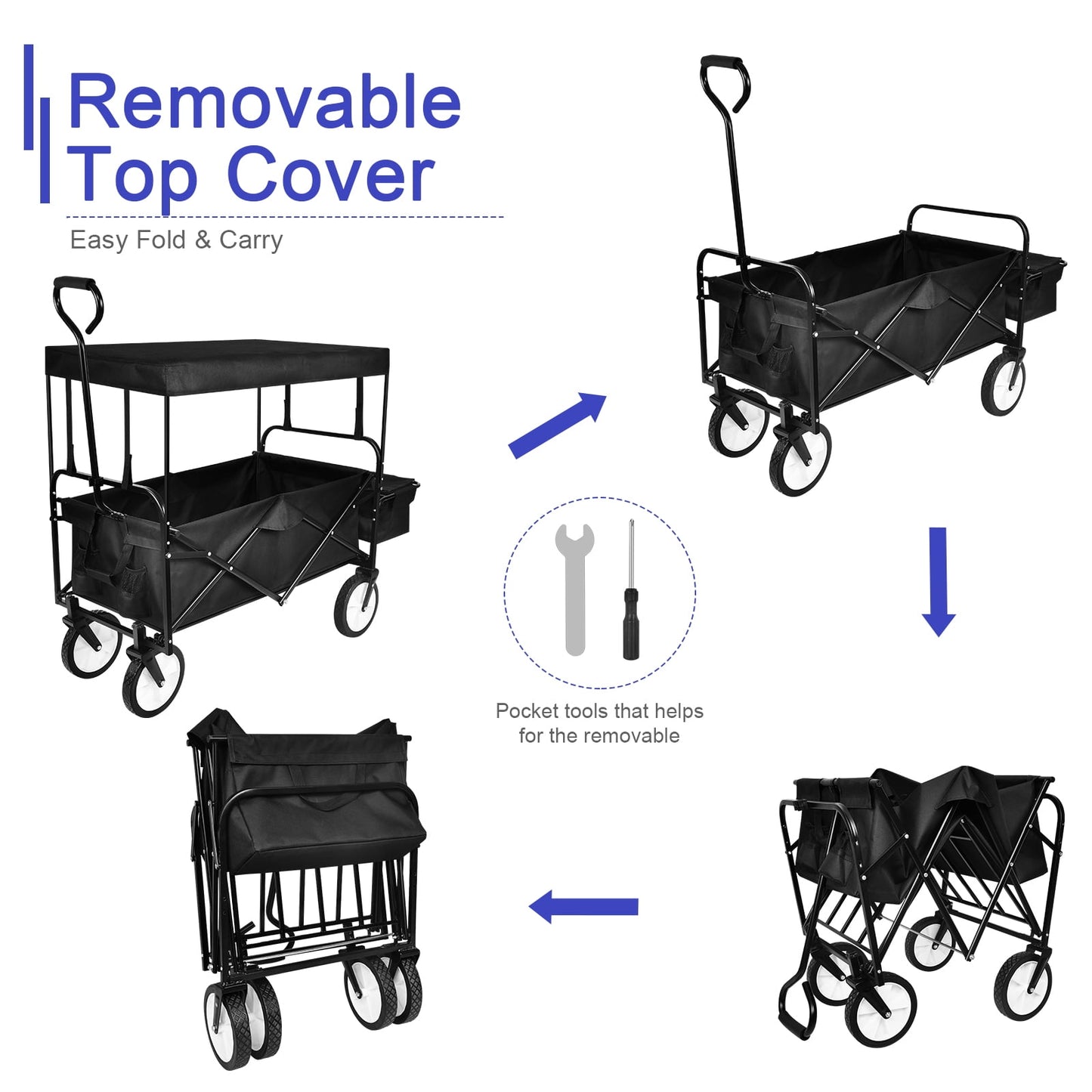 COOKCOK Folding Outdoor Utility Wagon with Removable Canopy,Adjustable Handles Garden Carts,Black