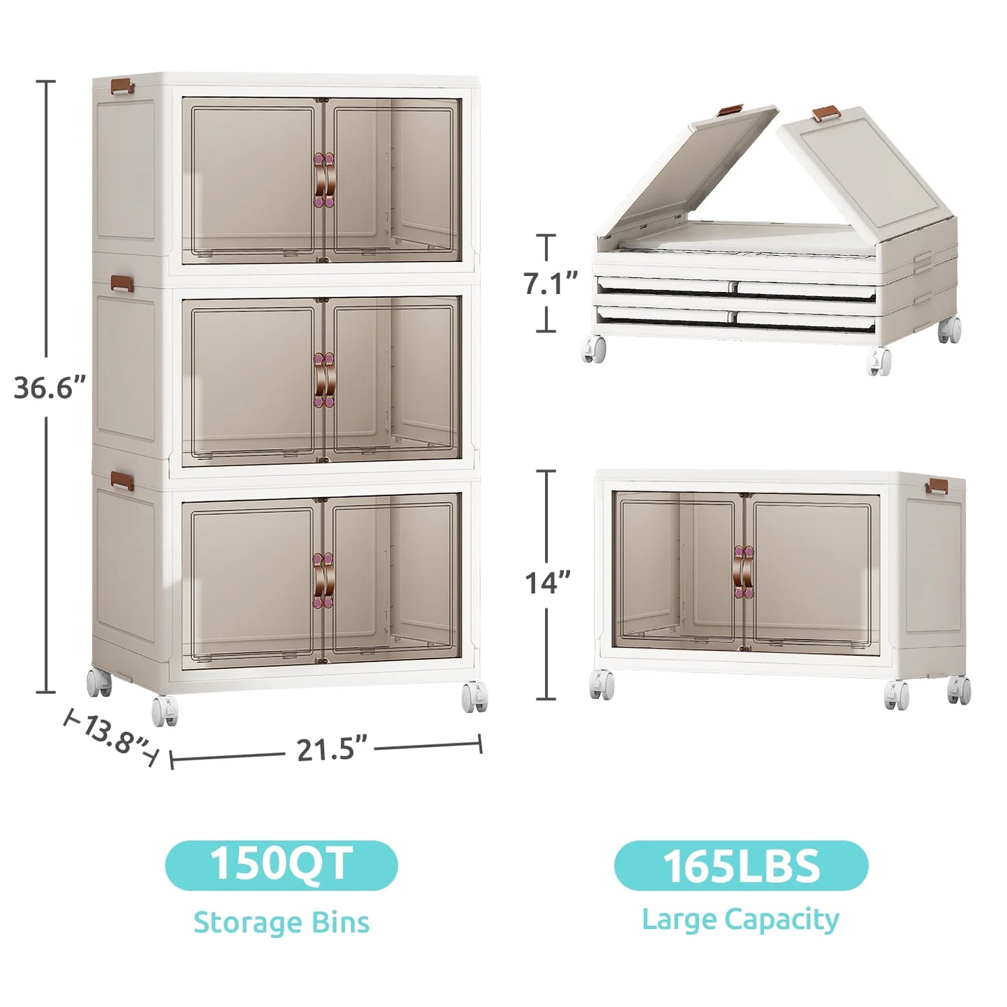 COOKCOK Storage Bins with Lids,3 Packs Stackable Bins with Wheels, Dual Open Collapsible Storage Bins for Home and Office, 21.7"x13.8"x36.6"
