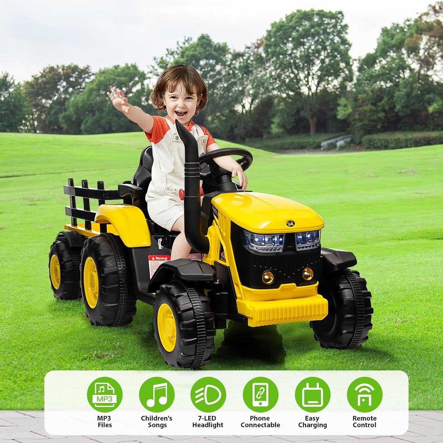 Track 7 12V Kids Ride on Tractor, Electric Tractor and 35W Dual Motors for Kids with Remote Control, Bluetooth Music/USB, 3-Gear-Shift, Safety Belt, 7-LED Lights, Yellow