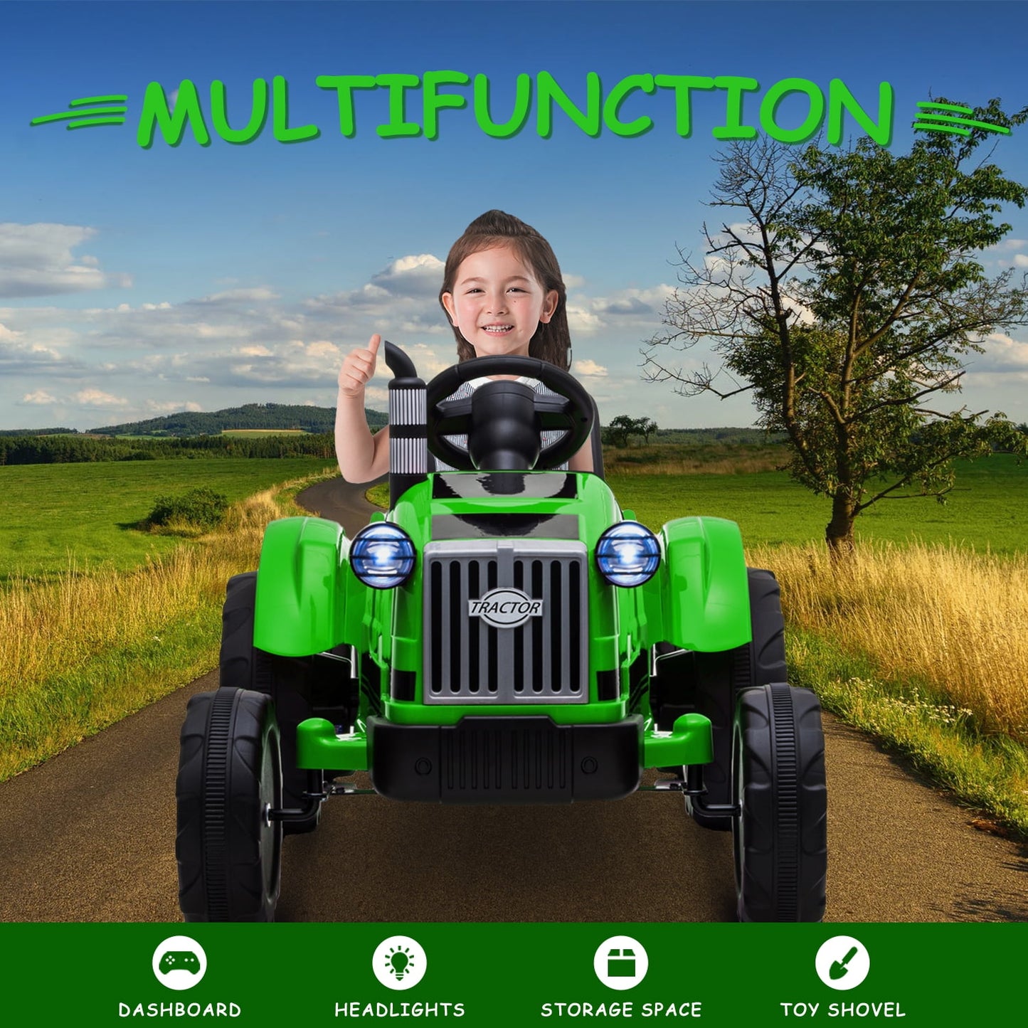 Track 7 12V Ride on Tractor with Trailer, 6-Wheel Electric Truck for Boys Girls, Kids Ride on Car with Remote Control, Music, Lights, Green