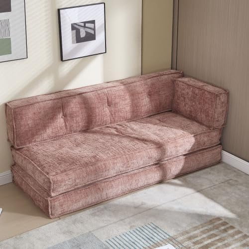 BISHE 78" Modular Sectional Sofa Bed, Chenille Fabric L-Shaped Cloud Couch with Storage Pockets, No Assembly Required, Space-Saving Convertible Sleeper for Living Room, Apartment, Office, Grey