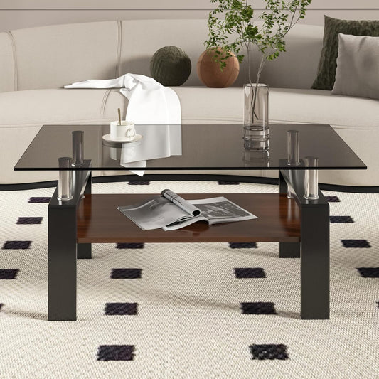 BISHE Glass Coffee Table, Rectangular Modern Design, Tempered Brown Glass Tabletop, White MDF Layer, Sturdy Living Room Center Table, Perfect for Office or Lounge in 36" x 20" Size, Gray+Brown