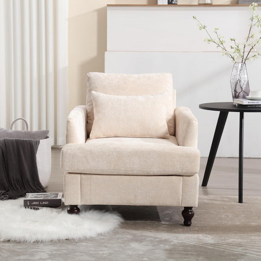 BISHE Mid Century Modern Armchair, Solid Wood Frame Accent Chair with Tufted Chenille Upholstery & Studded Details, Comfortable Lounge Chair for Living Room, Bedroom or Reading Nook, Beige