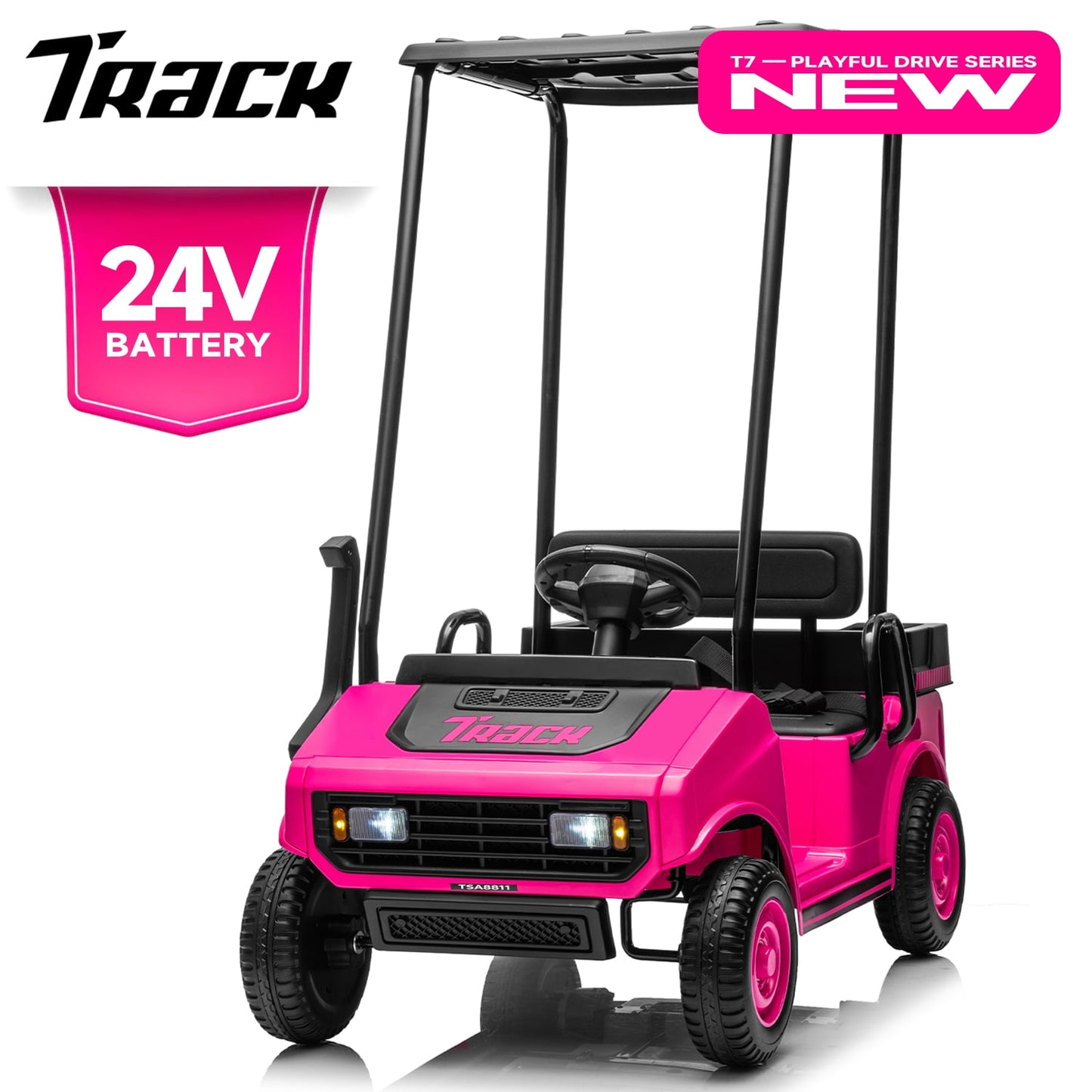 Track 7 24V Ride on Car, Electric Golf Cart with Ceiling, Ride on Truck with Remote Control, Music, Rear Storage Box, Electric Car for Boys Girls Age 3+, 18.5" Large Seat with Armrests, Pink