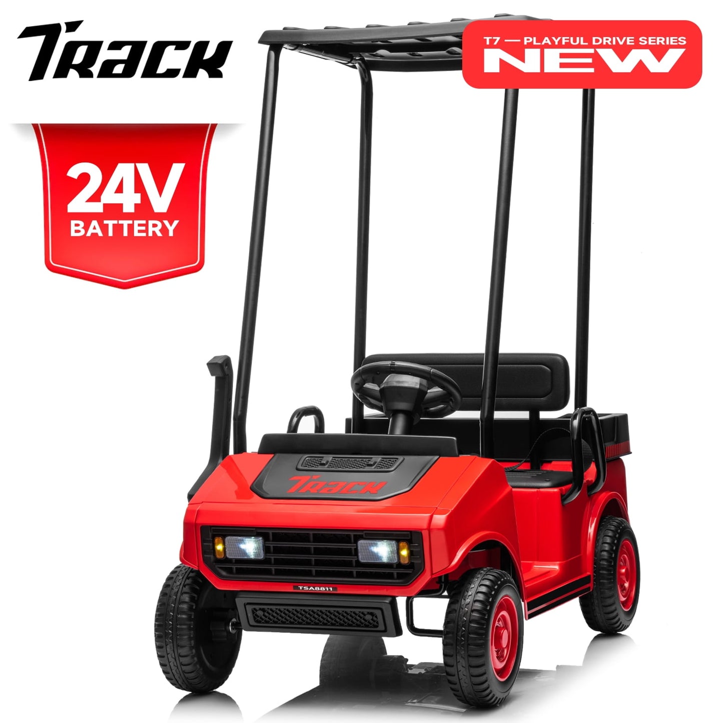 Track 7 24V Ride on Car, Electric Golf Cart with Ceiling, Ride on Truck with Remote Control, Music, Rear Storage Box, Electric Car for Boys Girls Age 3+, 18.5" Large Seat with Armrests, Pink