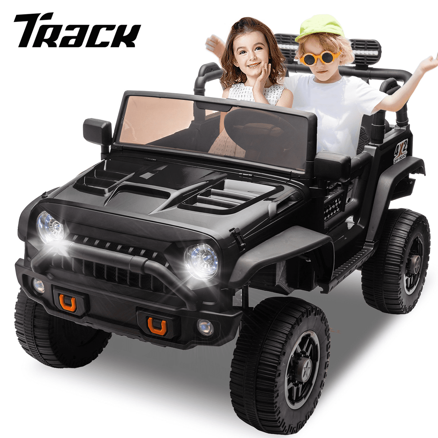 Track 7 24V Two-Seater Kids Ride-On Truck, Parents Control, 4WD Suspension, LED/MP3/Bluetooth, 2 Seat Belts, Ages 3+, Red