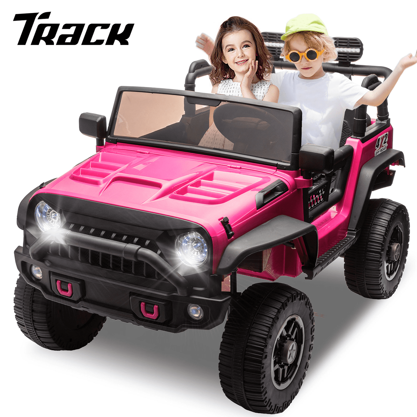 Track 7 24V Two-Seater Kids Ride-On Truck, Parents Control, 4WD Suspension, LED/MP3/Bluetooth, 2 Seat Belts, Ages 3+, Red