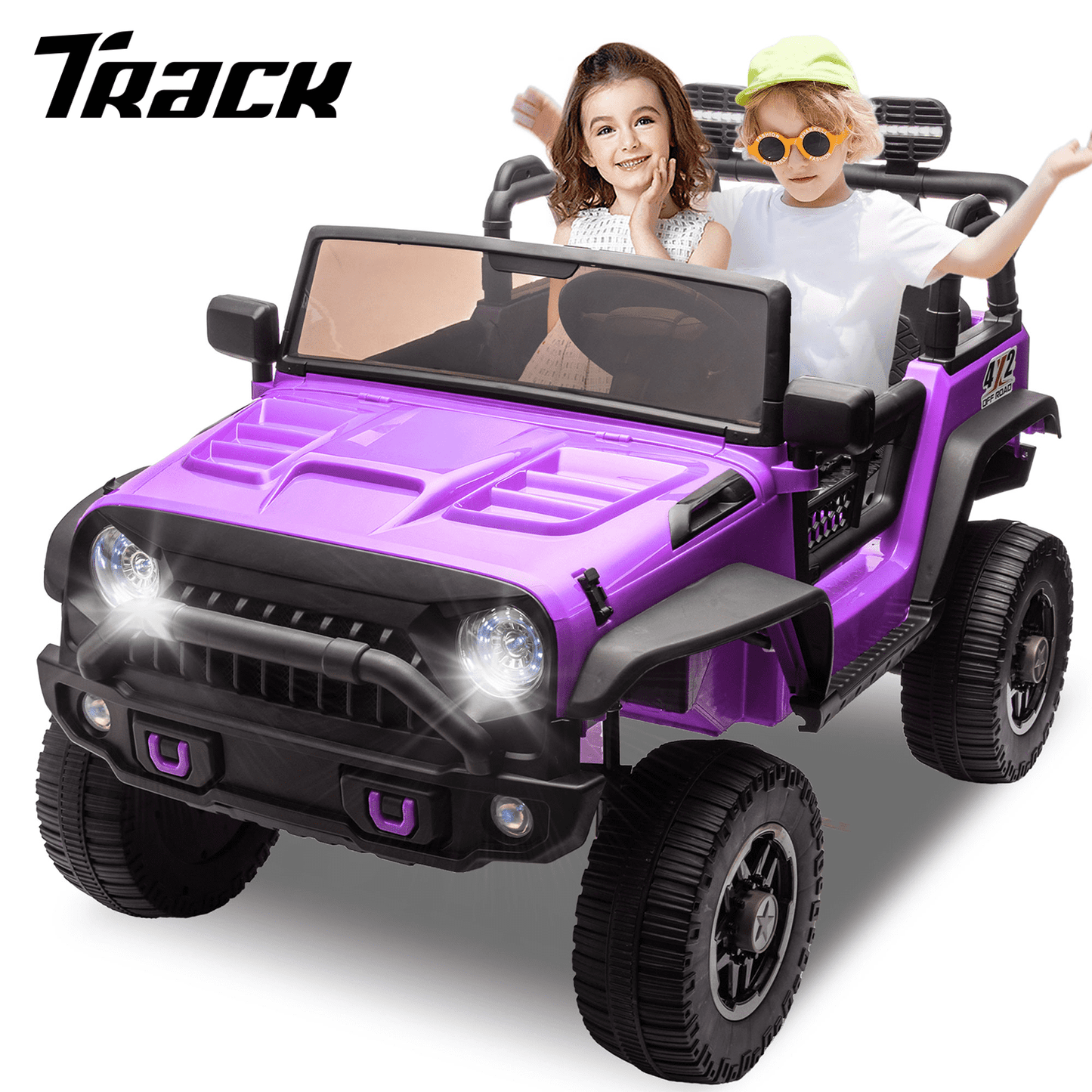 Track 7 24V Two-Seater Kids Ride-On Truck, Parents Control, 4WD Suspension, LED/MP3/Bluetooth, 2 Seat Belts, Ages 3+, Red