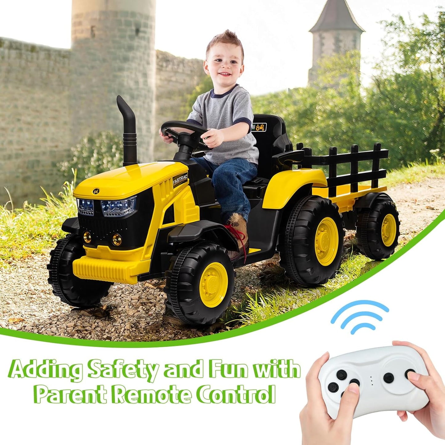 Track 7 12V Kids Ride on Tractor, Electric Tractor and 35W Dual Motors for Kids with Remote Control, Bluetooth Music/USB, 3-Gear-Shift, Safety Belt, 7-LED Lights, Yellow