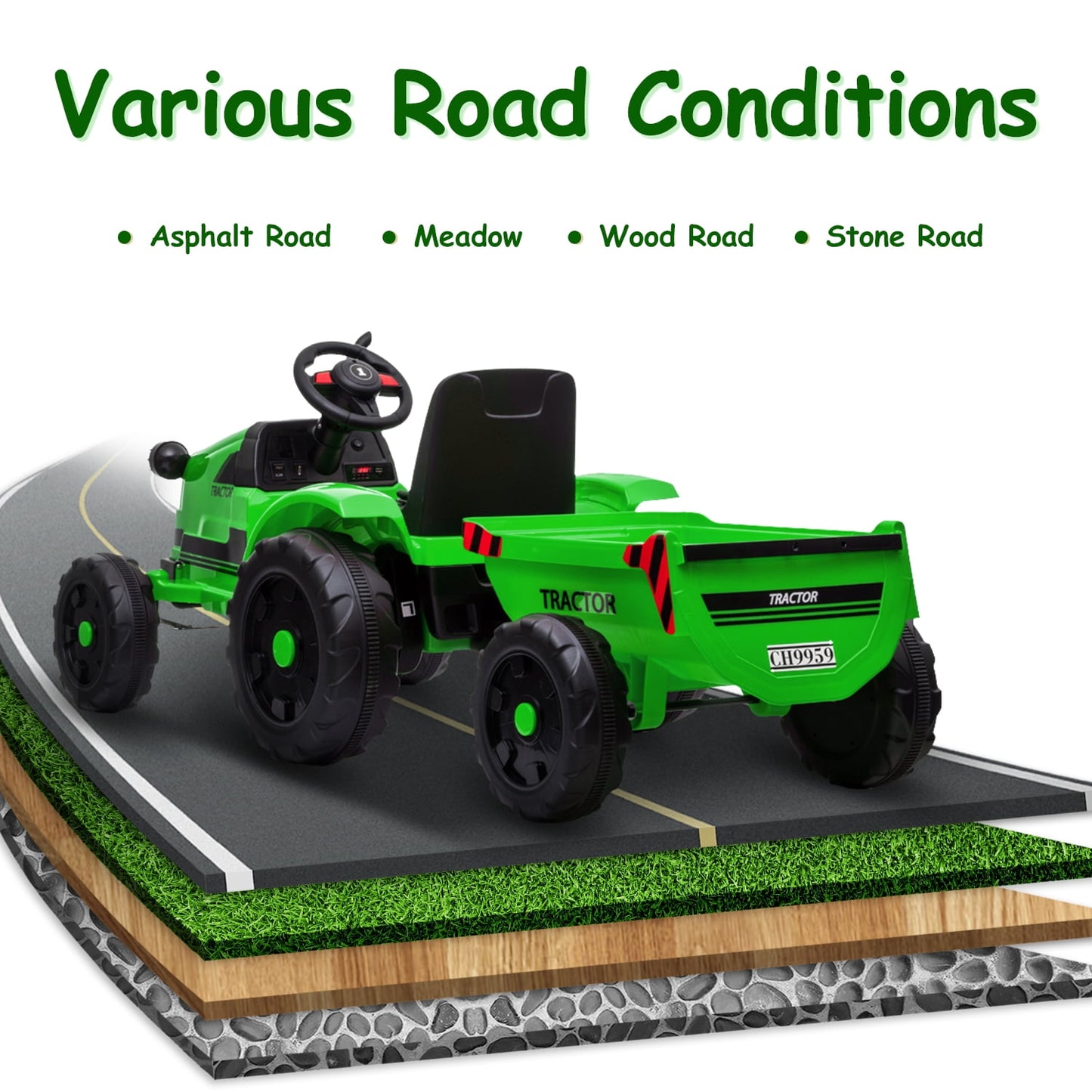 Track 7 12V Ride on Tractor with Trailer, 6-Wheel Electric Truck for Boys Girls, Kids Ride on Car with Remote Control, Music, Lights, Green