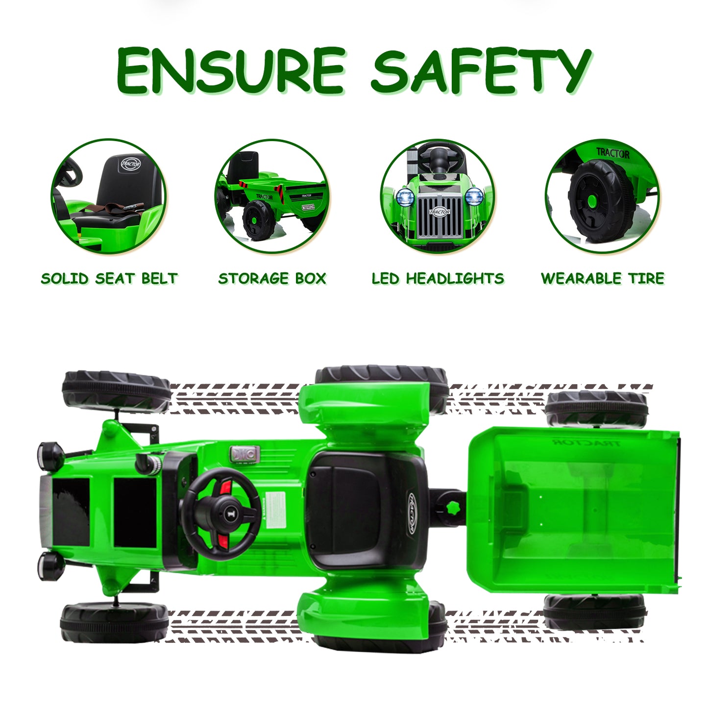 Track 7 12V Ride on Tractor with Trailer, 6-Wheel Electric Truck for Boys Girls, Kids Ride on Car with Remote Control, Music, Lights, Green
