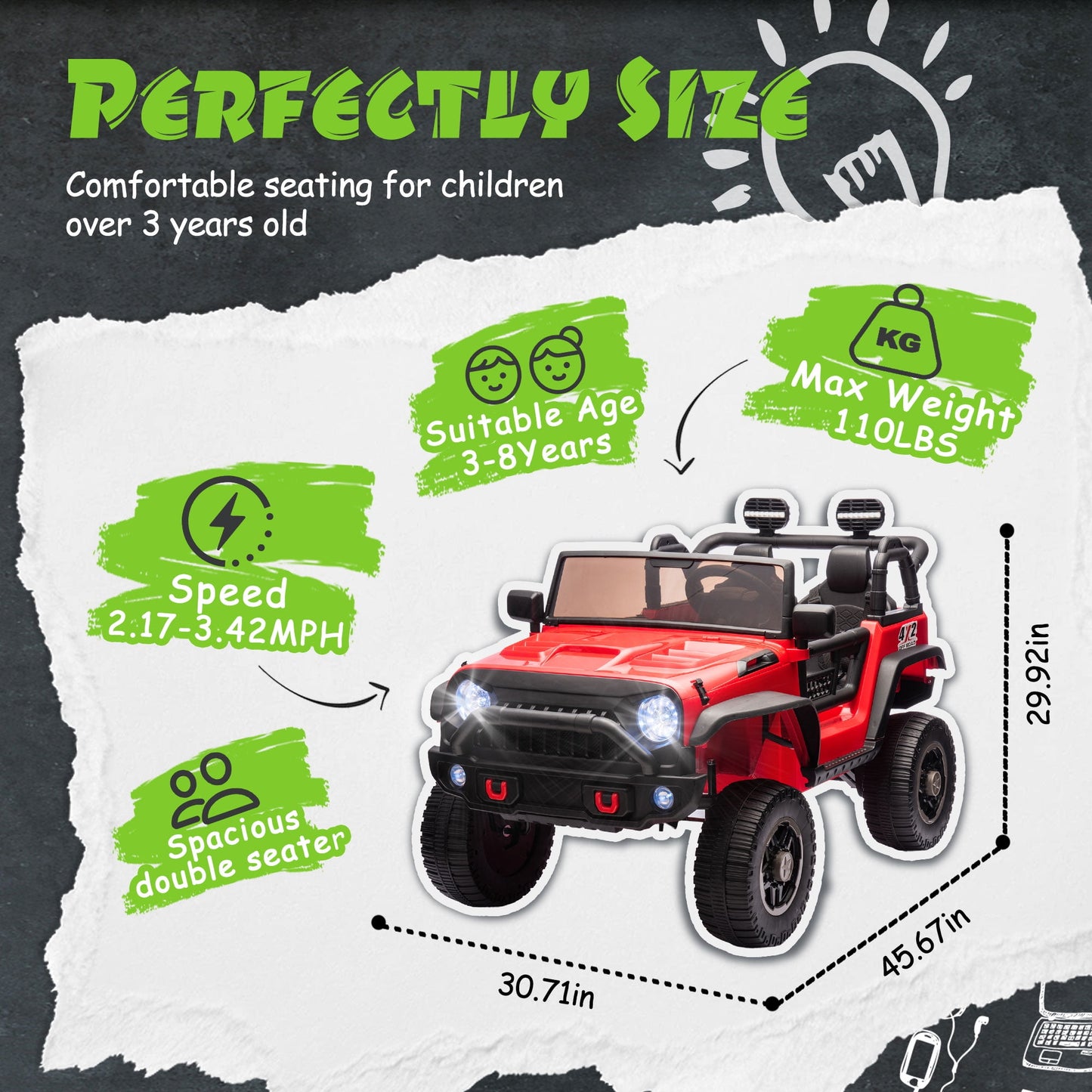 Track 7 24V Two-Seater Kids Ride-On Truck, Parents Control, 4WD Suspension, LED/MP3/Bluetooth, 2 Seat Belts, Ages 3+, Red