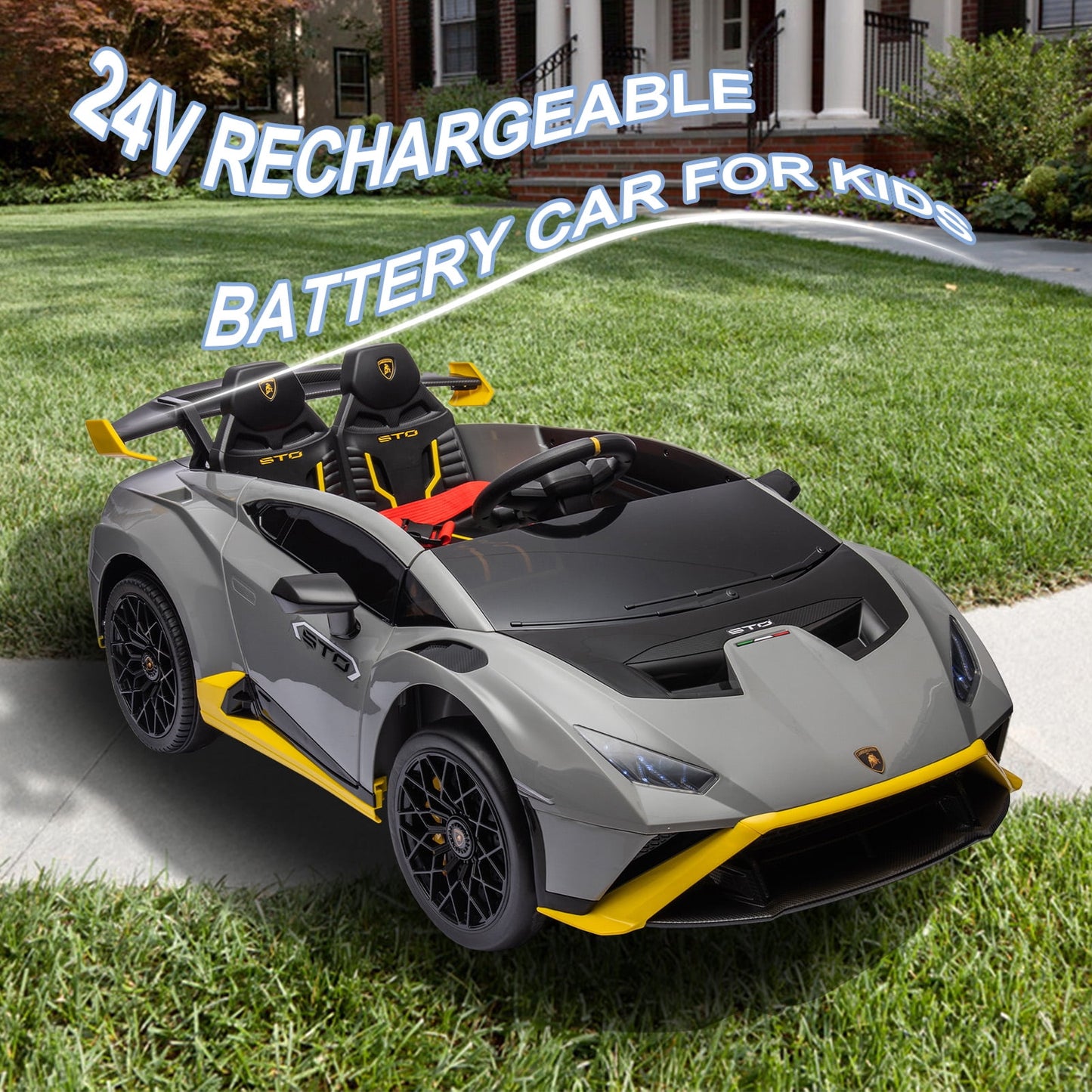 LISUEYNE 24V Licensed Lamborghini STO Ride on Car, Drift Electric Car for Boys Girls Age 3+, Remote Control, Music, Max Speed 6mph, Grey