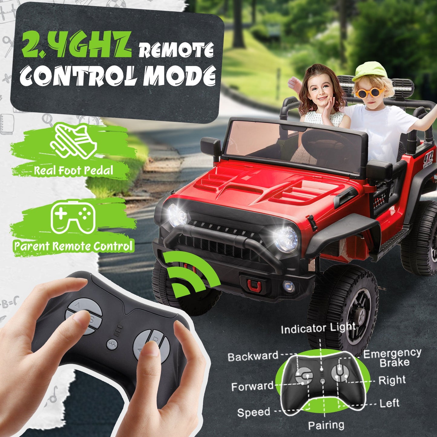 Track 7 24V Two-Seater Kids Ride-On Truck, Parents Control, 4WD Suspension, LED/MP3/Bluetooth, 2 Seat Belts, Ages 3+, Red