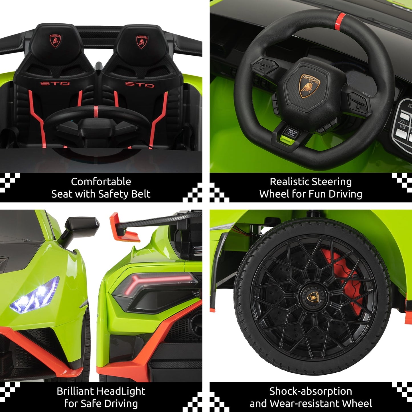 Track 7 12V Kids Ride on Car, Licensed Lamborghini STO Electric Car for Kids Age 3+, Remote Control, Music, Motorized Drift Electric Vehicle, Max Speed 5mph, Green